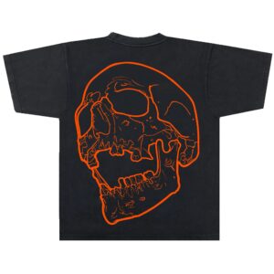 Black T-shirt with oversized orange skull line-art on the back — Levgen Tattoo design