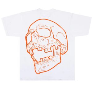 White T-shirt with oversized orange skull line-art on the back — Levgen Tattoo design
