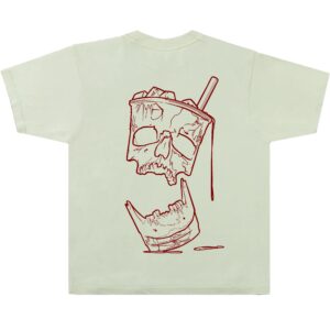 Pistachio green T-shirt with burgundy iced-latte skull back graphic — Levgen Tattoo